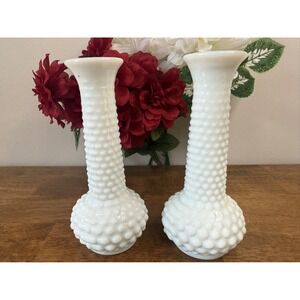 Vintage E.O. Brody Milk Glass Hobnail Vases Pair Wedding Holiday Decor MCM Retro